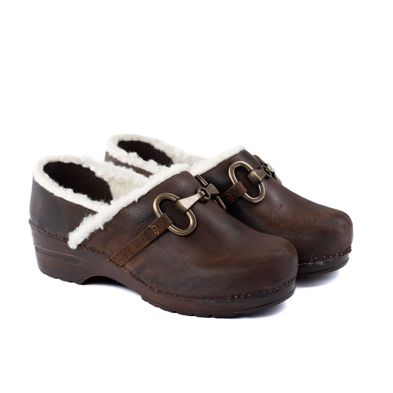 vintage wool clogs con accessorio e fodera il lana sintetica bianca