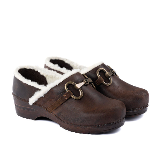 vintage wool clogs con accessorio e fodera il lana sintetica bianca